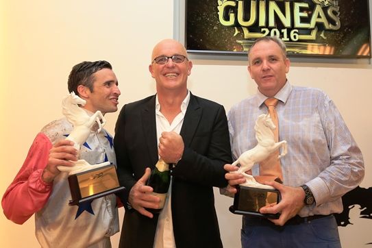 BARREE CELEBRATIONGlenn Whittenbury is flanked by Micheal Rodd and Cliff Brown after the Singapore Guineas